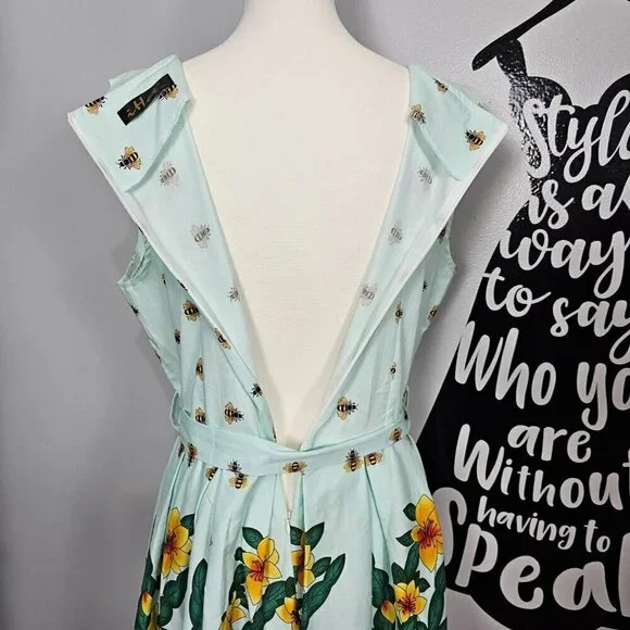 iHot Floral Bee 50's Style Sleeveless Belted A Line Pleated Swing Tea Dress NEW - Picture 7 of 8